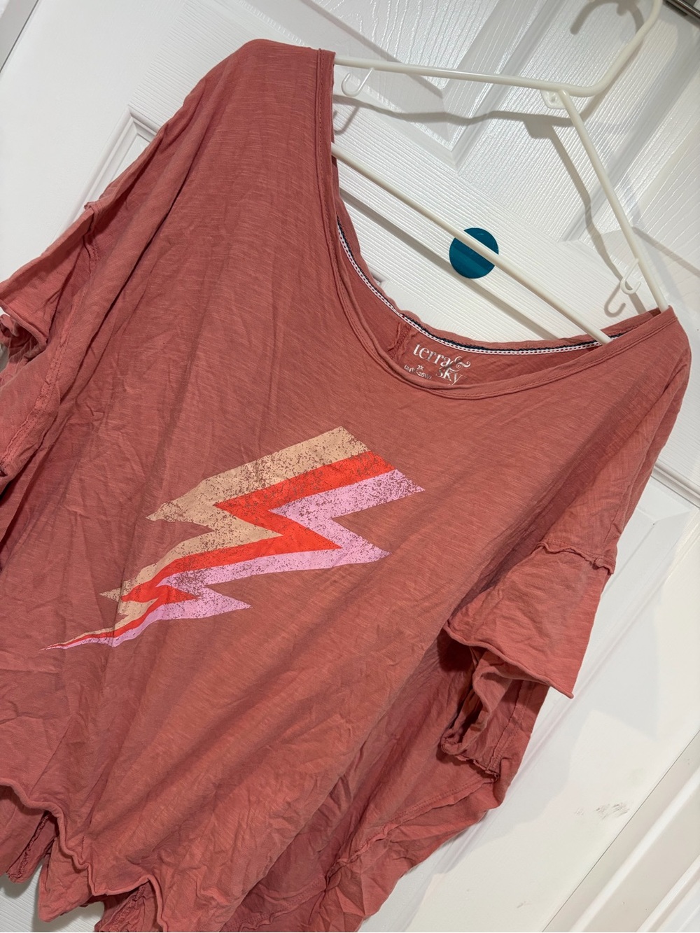 TERRA & SKY 100% Cotton Wide Scoop Neck Crop High/Low Graphic Tee in Salmon